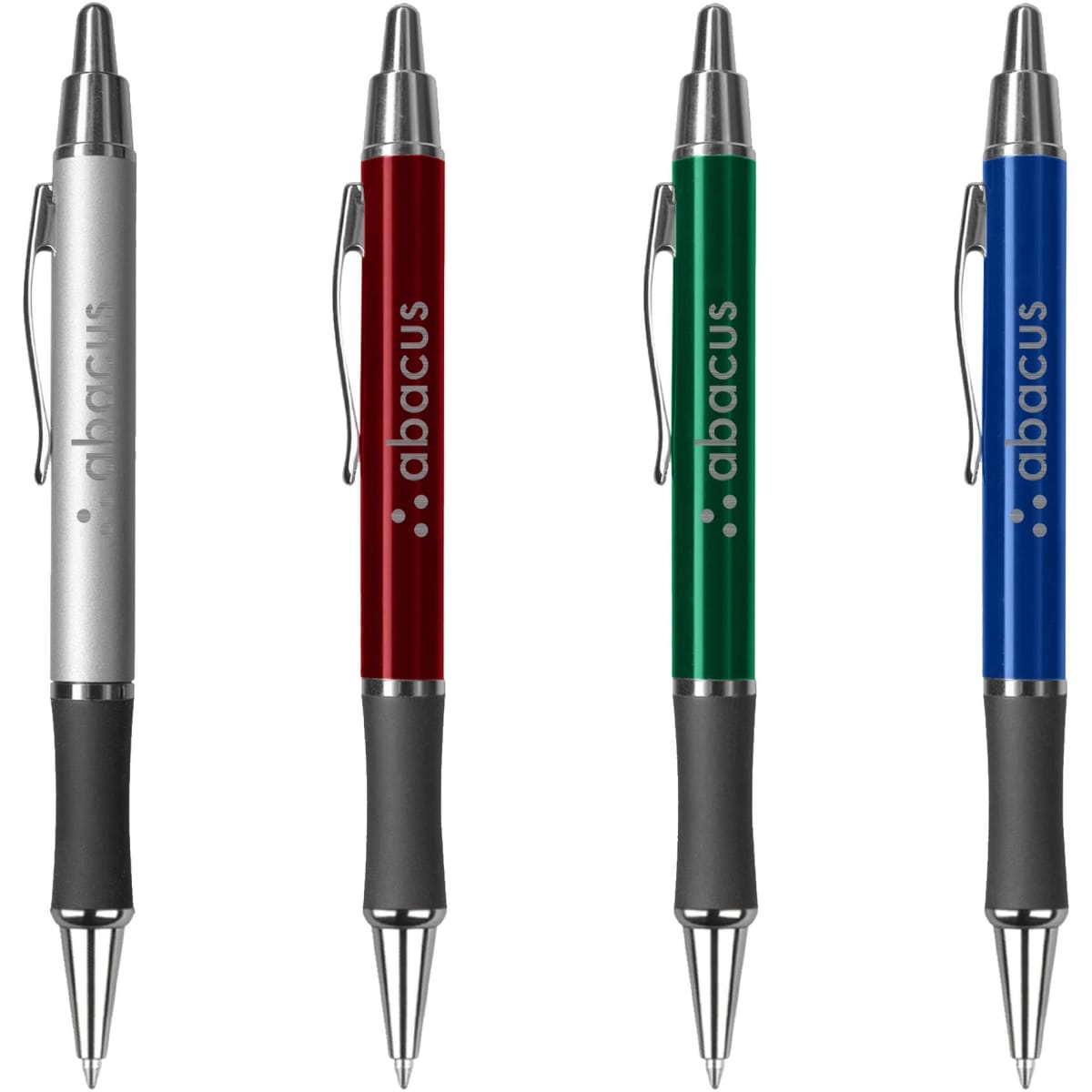 A set of four metal pens in silver, red, green, and blue, featuring a logo on the barrel.