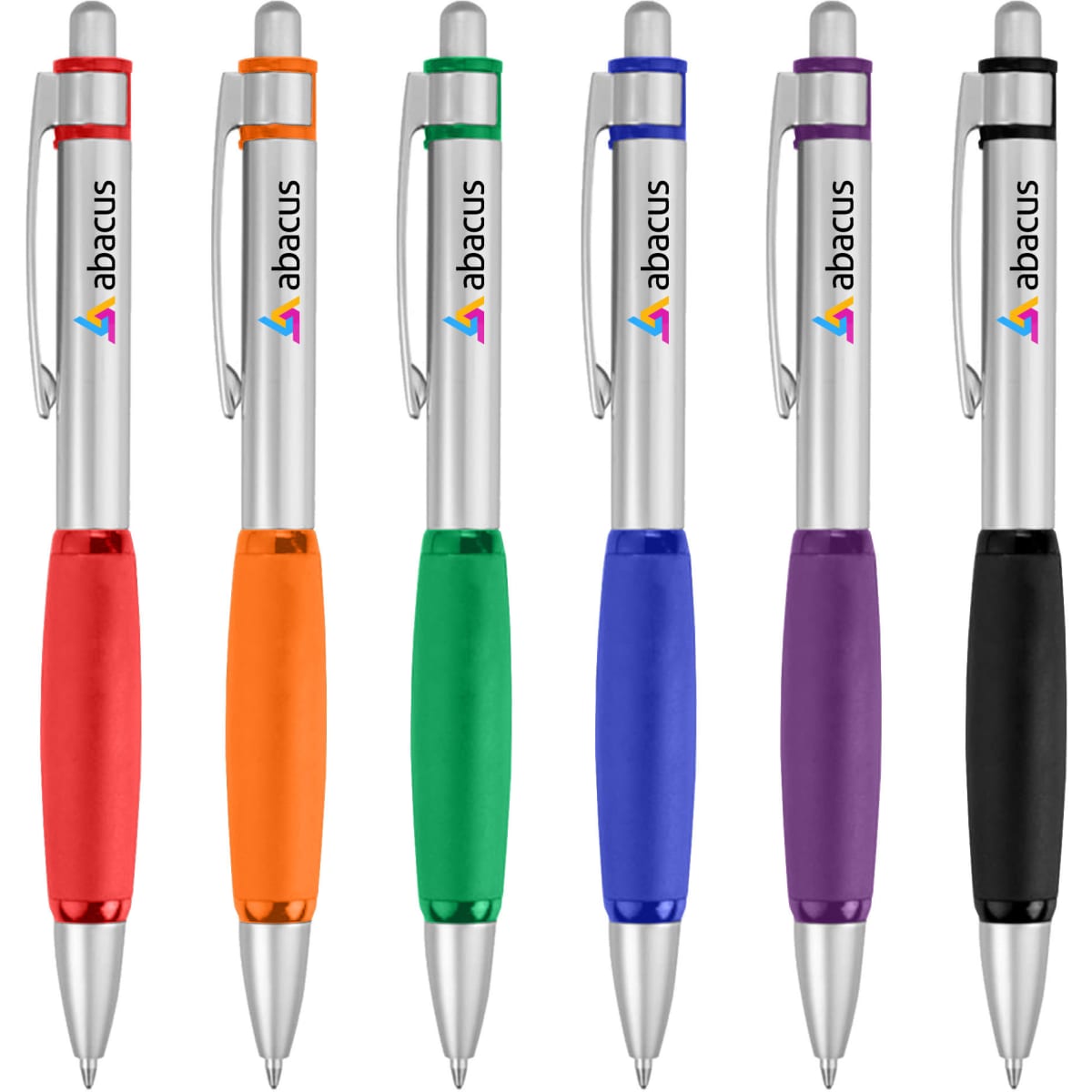 A collection of six metal pens in red, orange, green, blue, purple, and black with silver accents and a logo.