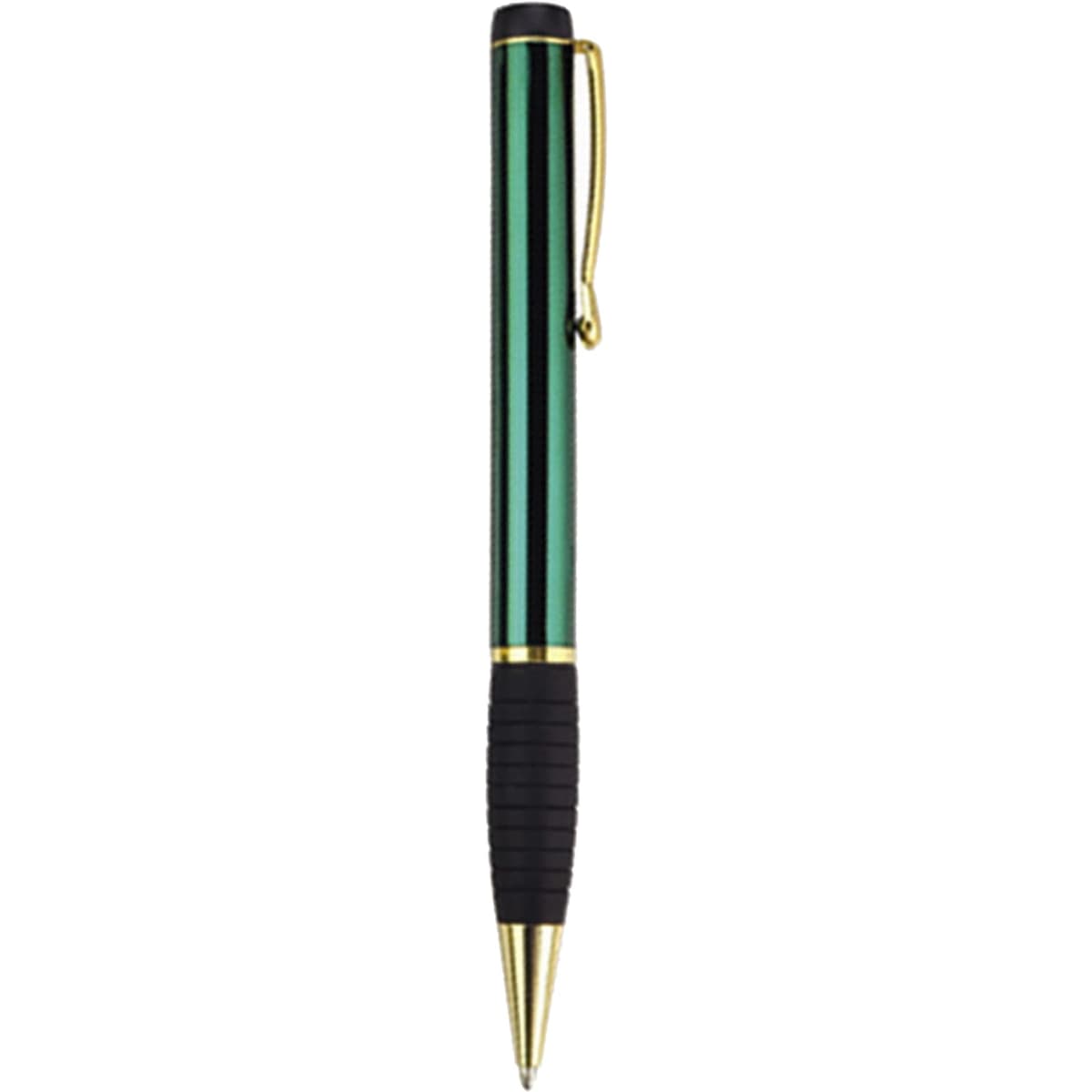 A green and black metal pen with gold accents and a textured grip. The pen features a logo on its body.