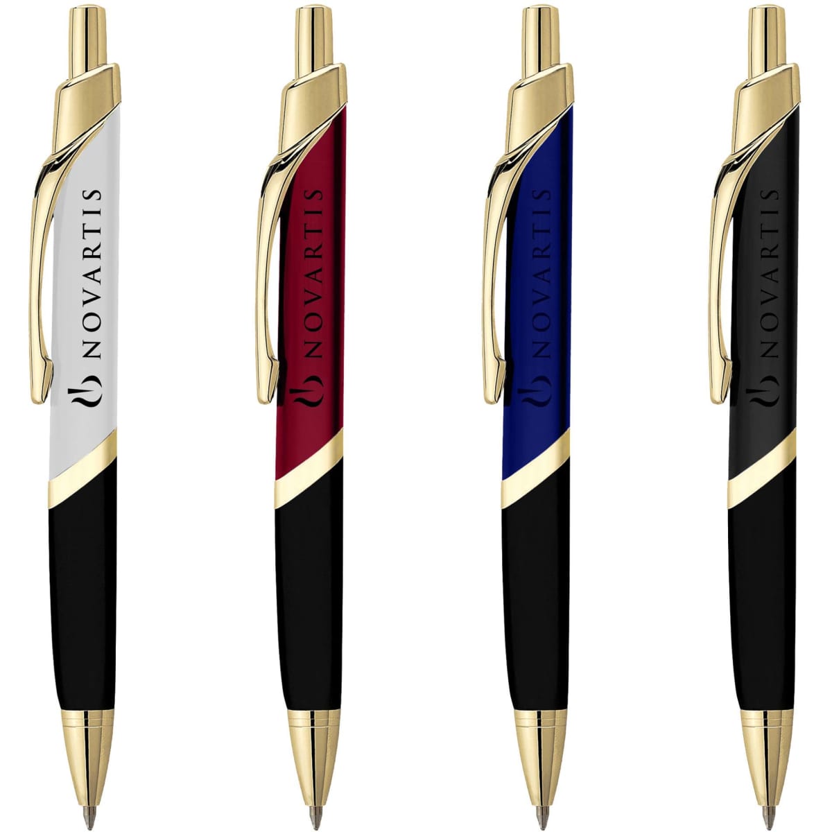 A set of four metal pens in white, red, blue, and black, featuring gold accents and a logo.