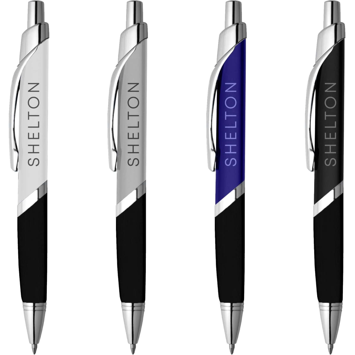 A set of four metal pens featuring silver, black, and blue designs, each with a branding logo.