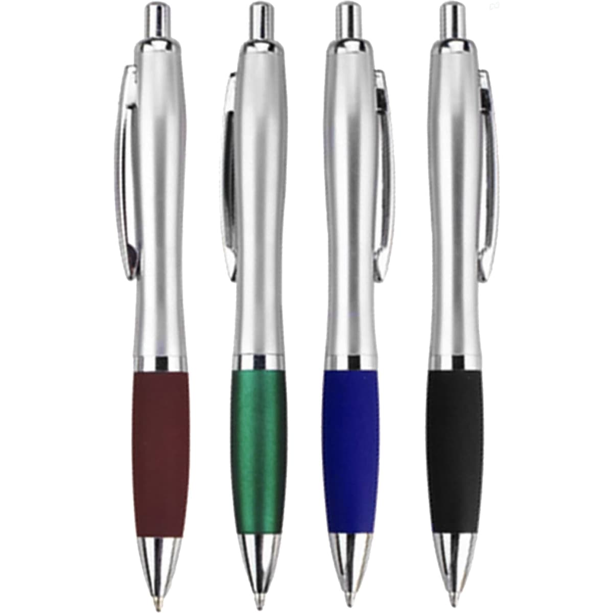 A set of four metal pens in burgundy, green, blue, and black, featuring a silver barrel and a logo.