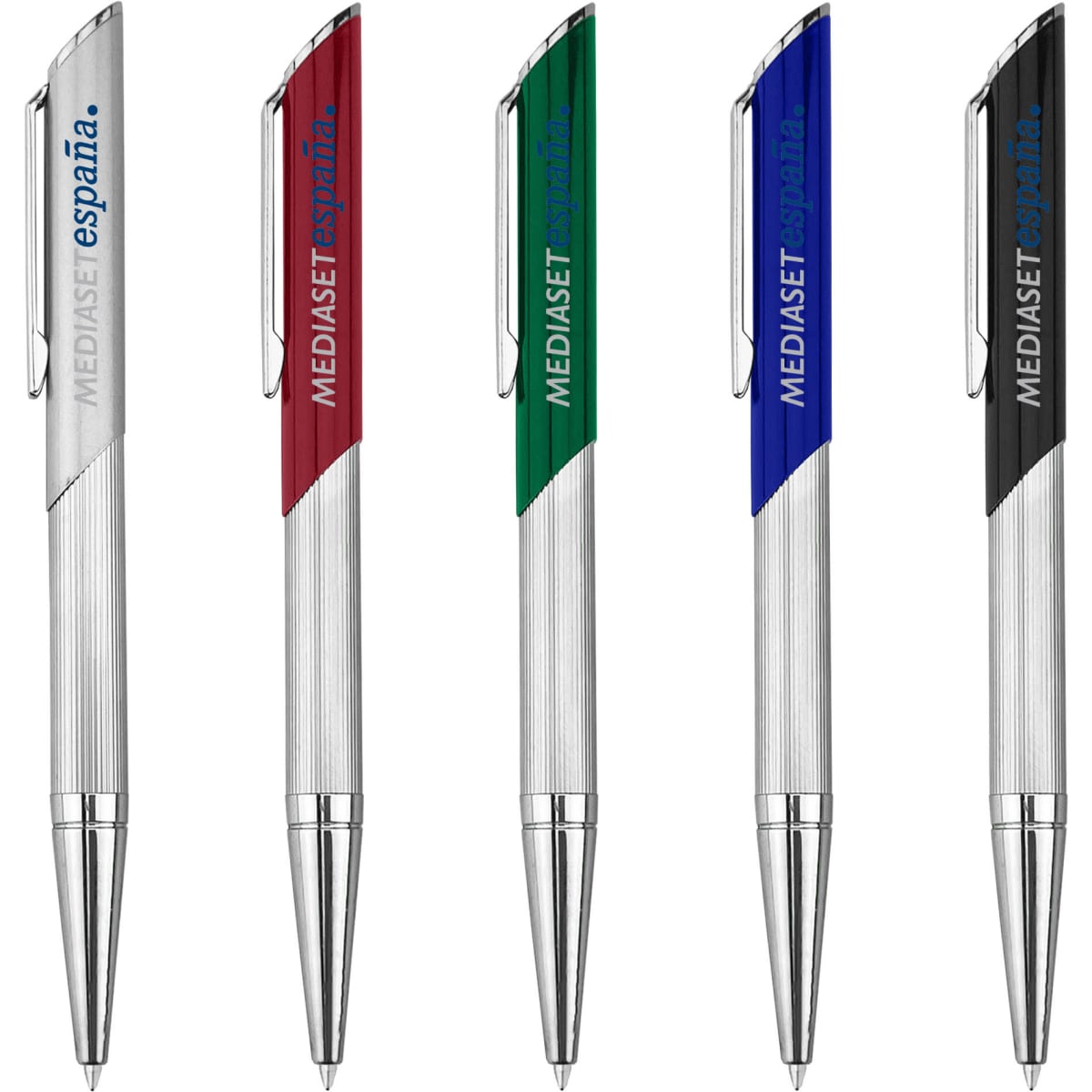 A collection of metal pens in silver, red, green, blue, and black, each featuring a logo.