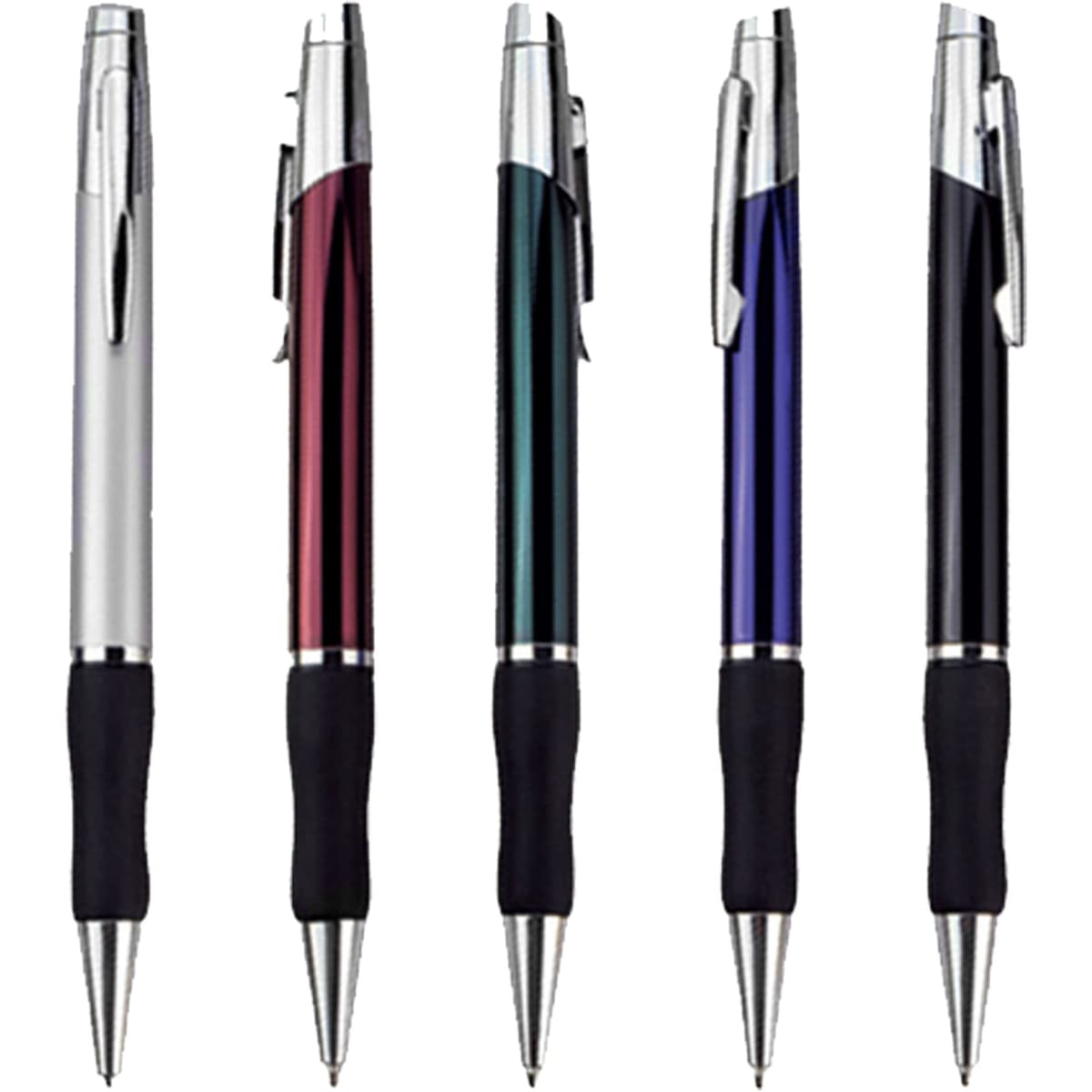 A collection of five metal pens in silver, burgundy, green, blue, and black, featuring a textured grip and clip.