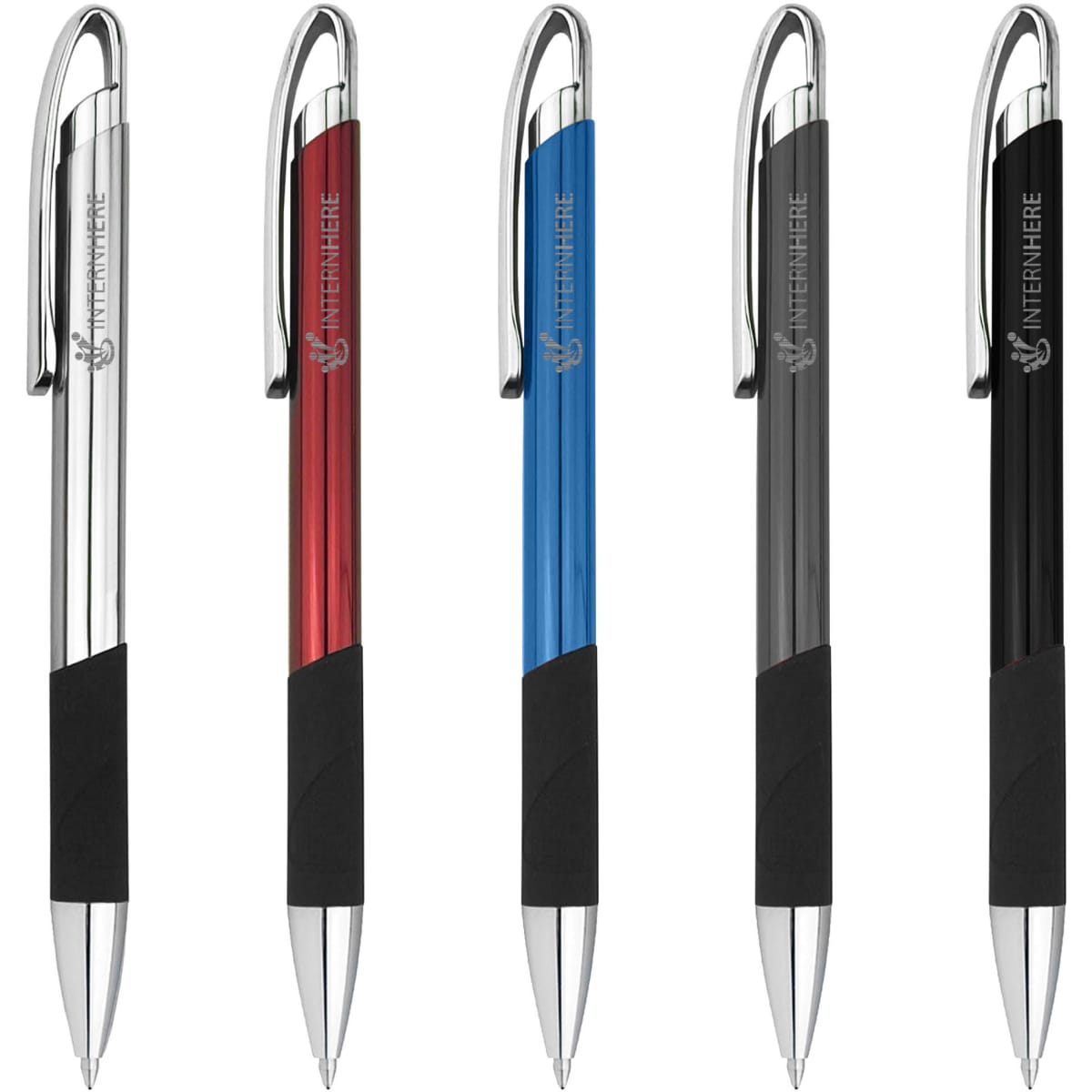 A set of five metal pens in red, blue, silver, and black with rubber grips and a logo.