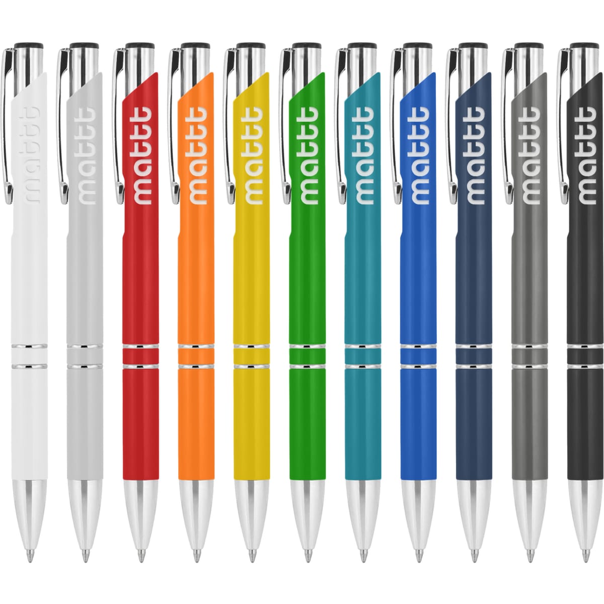A collection of metal pens in various colours, including white, red, orange, green, blue, and grey, featuring branding.