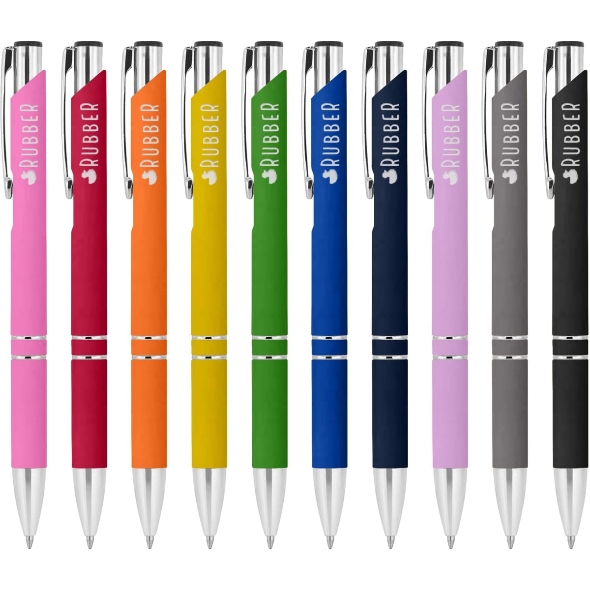 A collection of metal pens in pink, red, orange, green, blue, dark blue, black, and grey, featuring rubberised grips and branding.