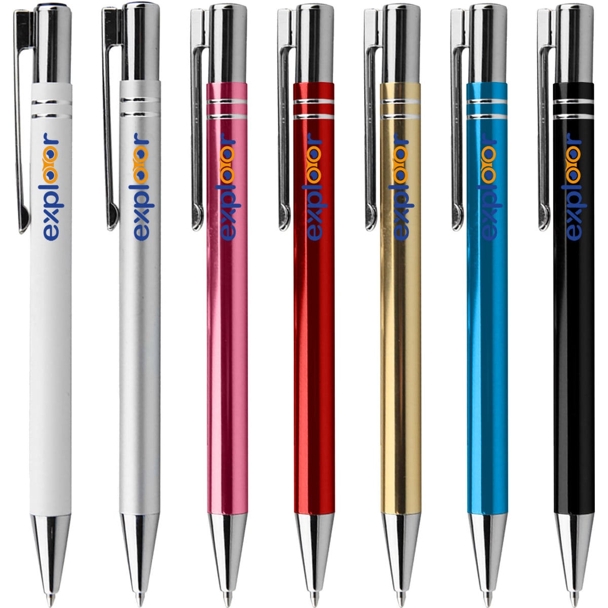 A collection of metal pens in white, pink, red, gold, blue, and black, featuring a branding logo.