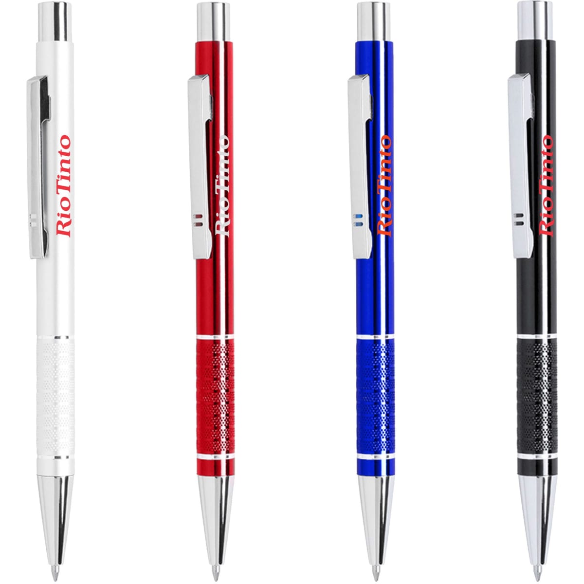 Four metal pens in white, red, blue, and black, each featuring a logo.
