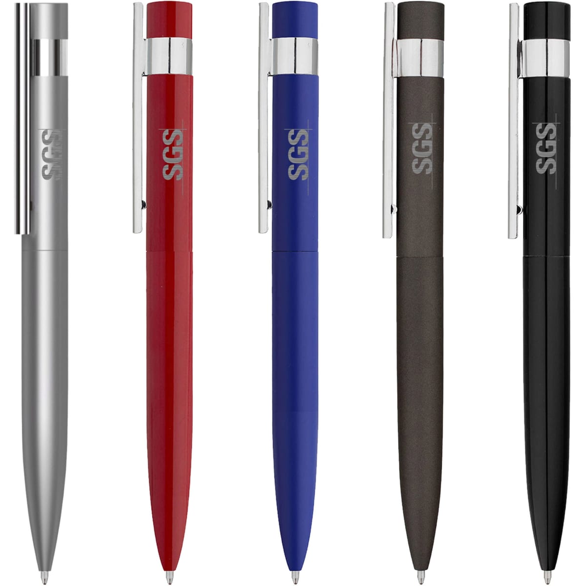 A set of five metal pens in silver, red, blue, dark grey, and black, featuring a logo on each pen.
