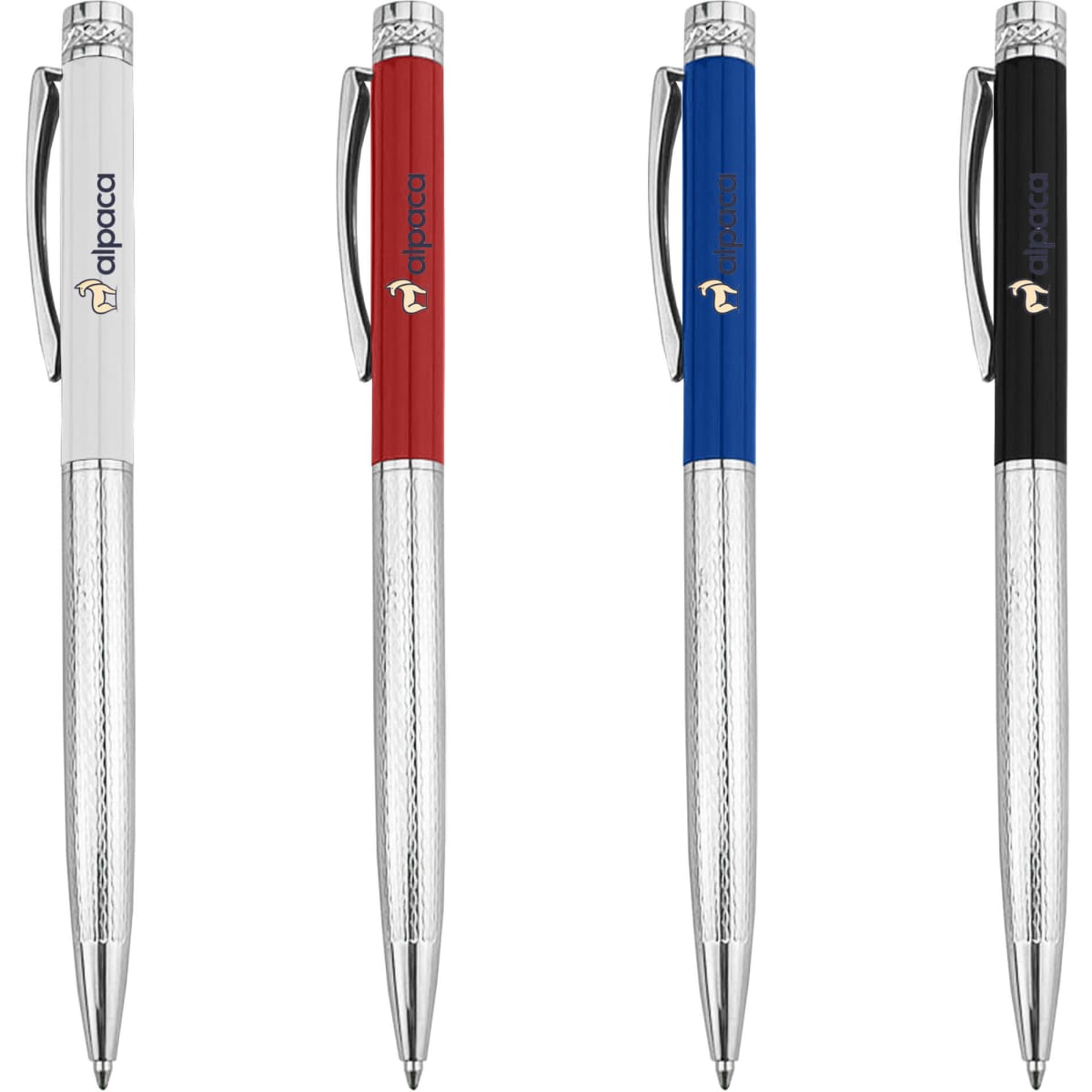A collection of metal pens in white, red, blue, and black, featuring textured grips and a logo on each.
