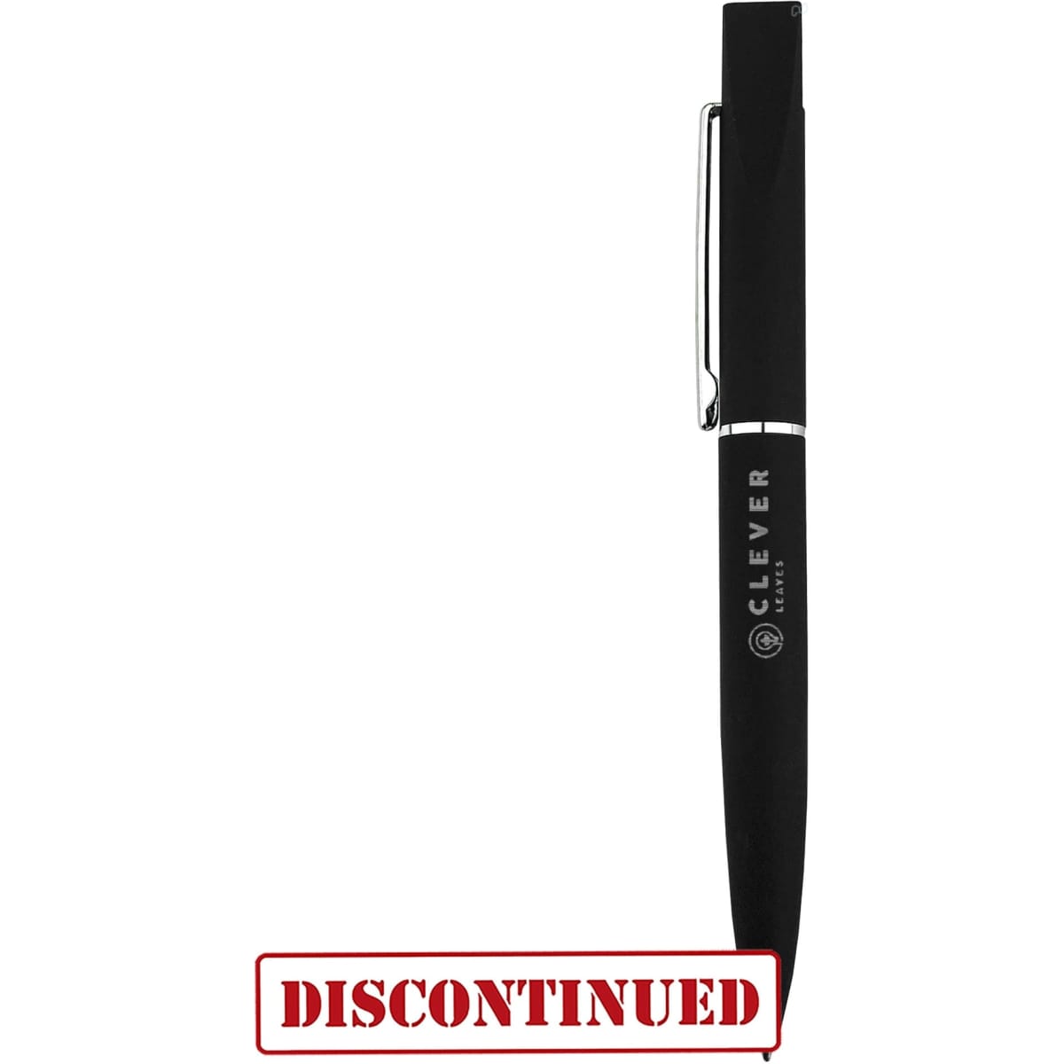 A black metal pen with a sleek design and a clip, featuring a logo on the barrel.