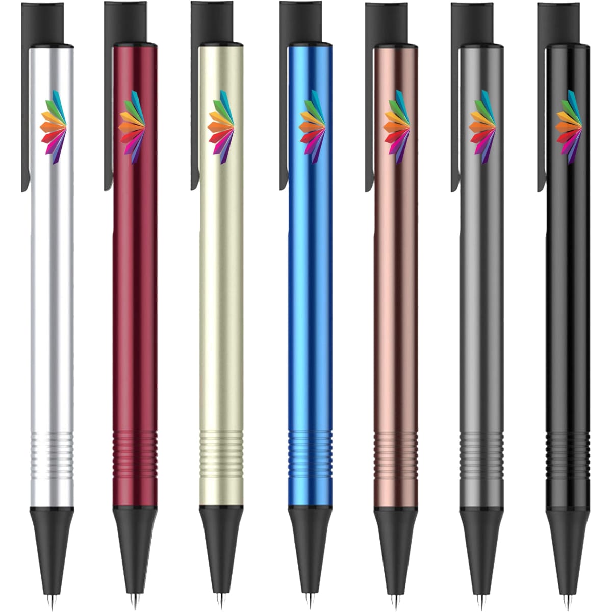 A collection of seven metal pens in silver, red, gold, blue, rose gold, black, and grey, featuring a logo on each pen.