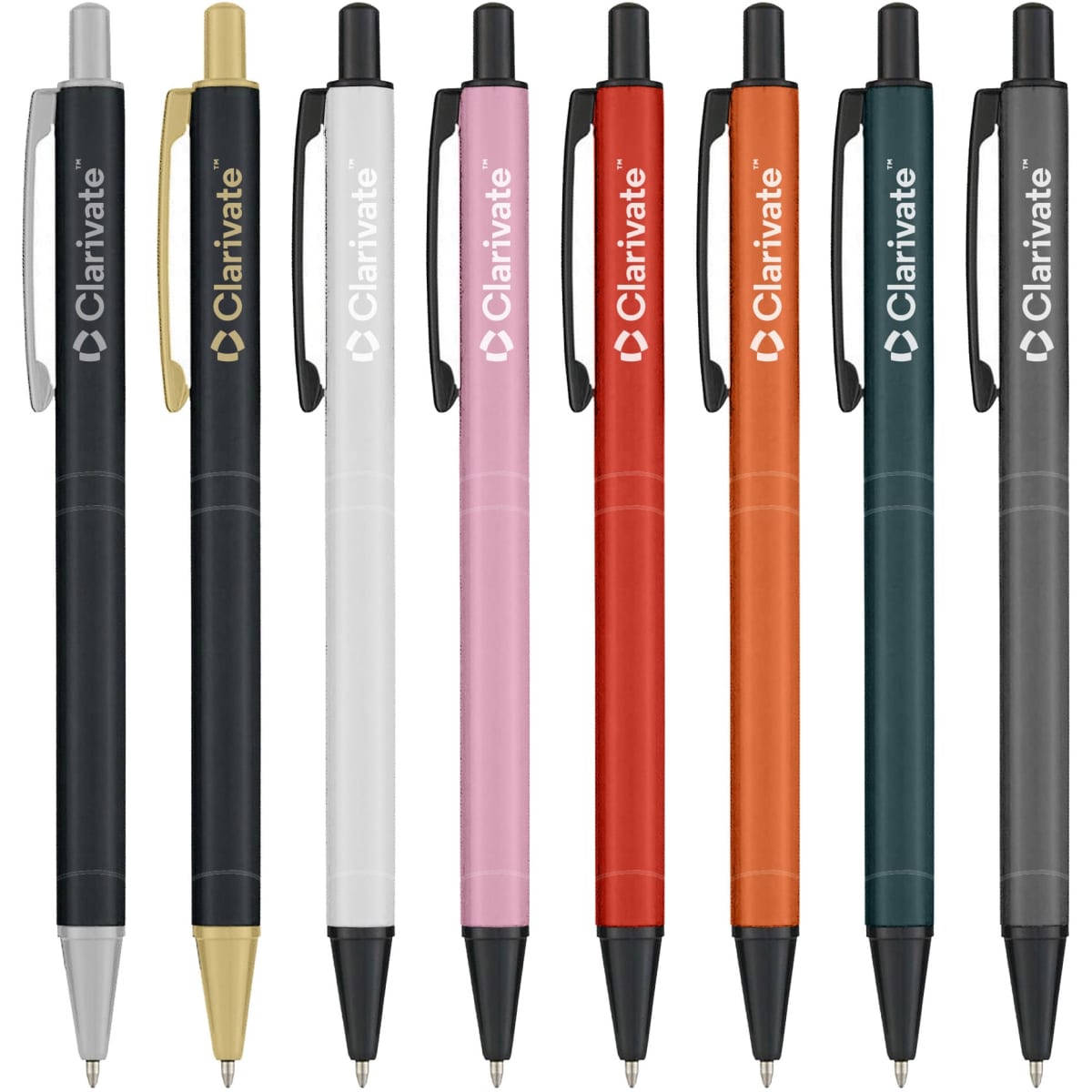 A set of eight metal pens in various colours including gold, white, pink, red, orange, teal, grey, and black, featuring a logo.
