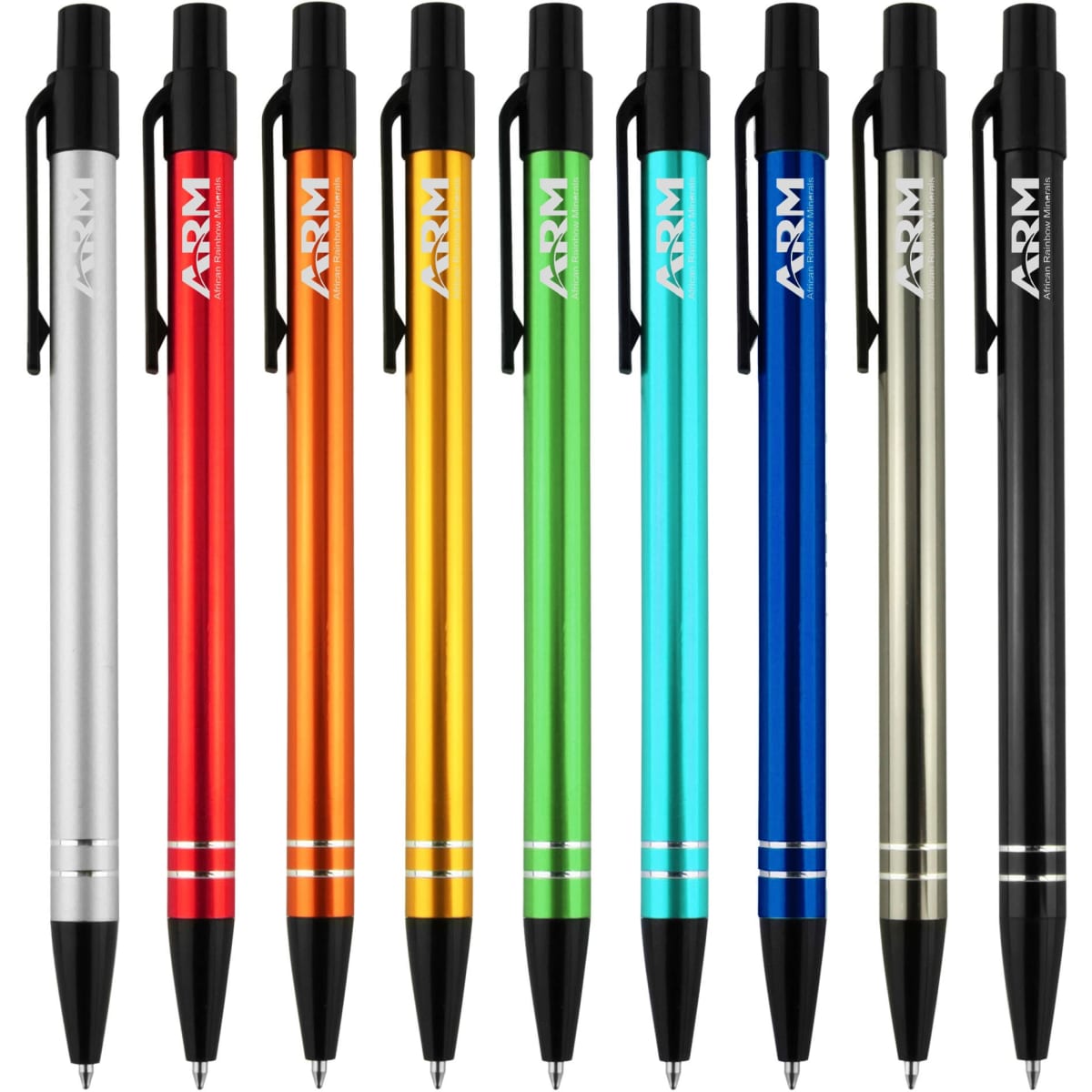 A collection of metal pens in silver, red, orange, green, blue, and gold, featuring a logo on each pen.