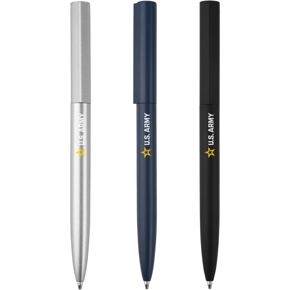 Three metal pens in silver, navy blue, and black, featuring a logo on each pen.