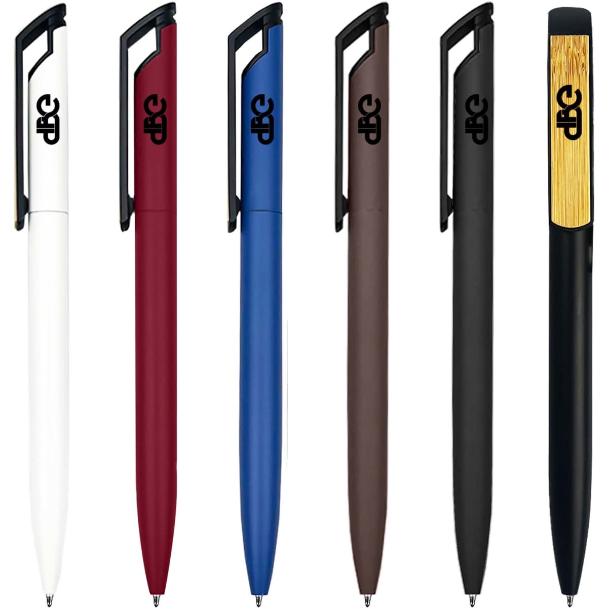 A collection of Canberra metal pens in white, red, blue, brown, black, and bamboo design, featuring a logo on each.