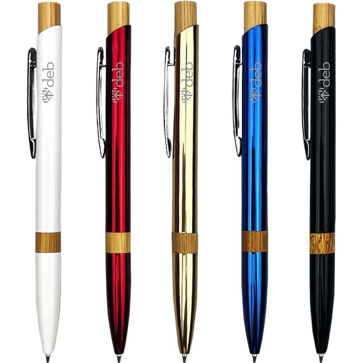 A selection of metal pens in white, red, gold, blue, and black, featuring bamboo accents and a logo.