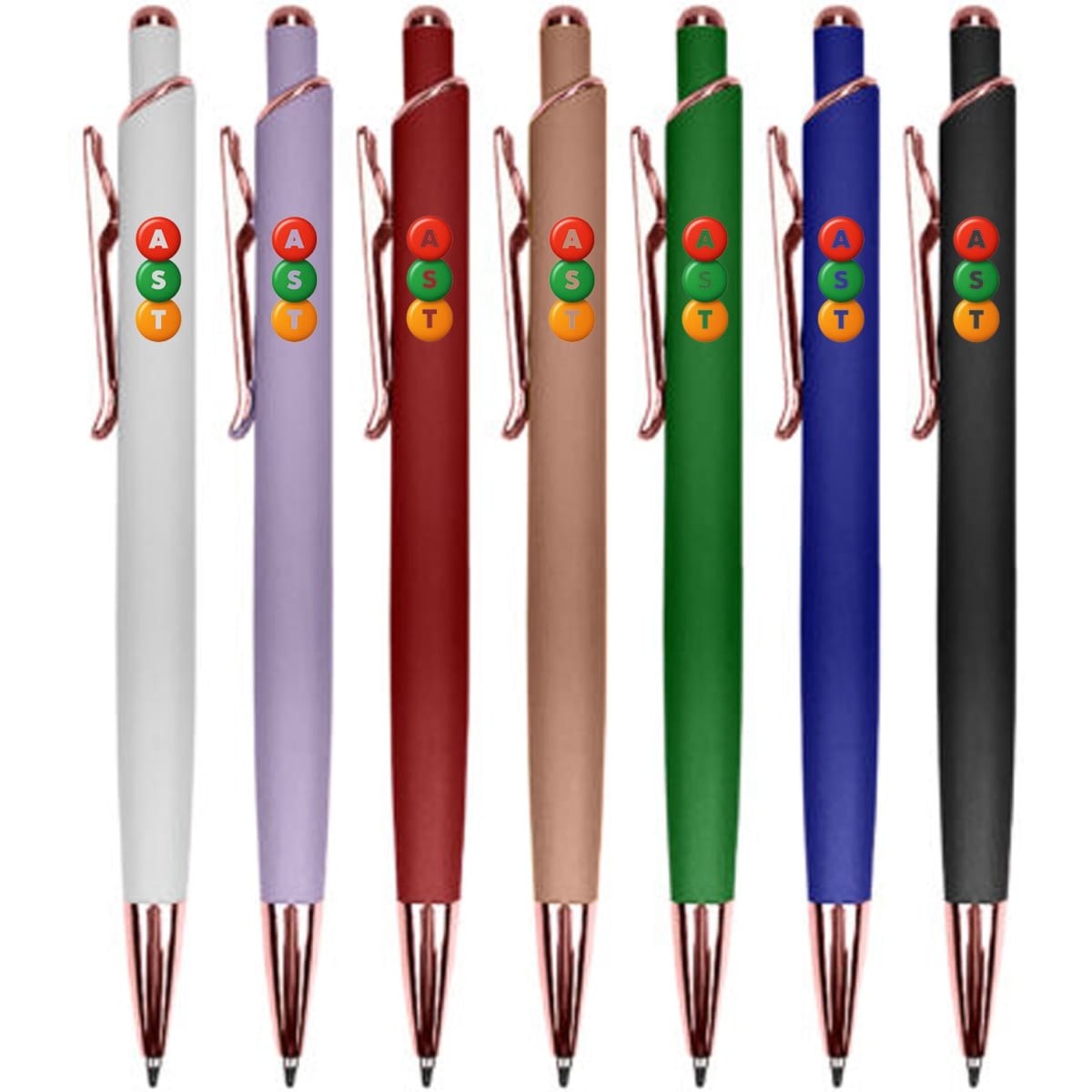 A collection of metal pens in various colours: white, lavender, burgundy, copper, green, blue, and black, featuring a logo.