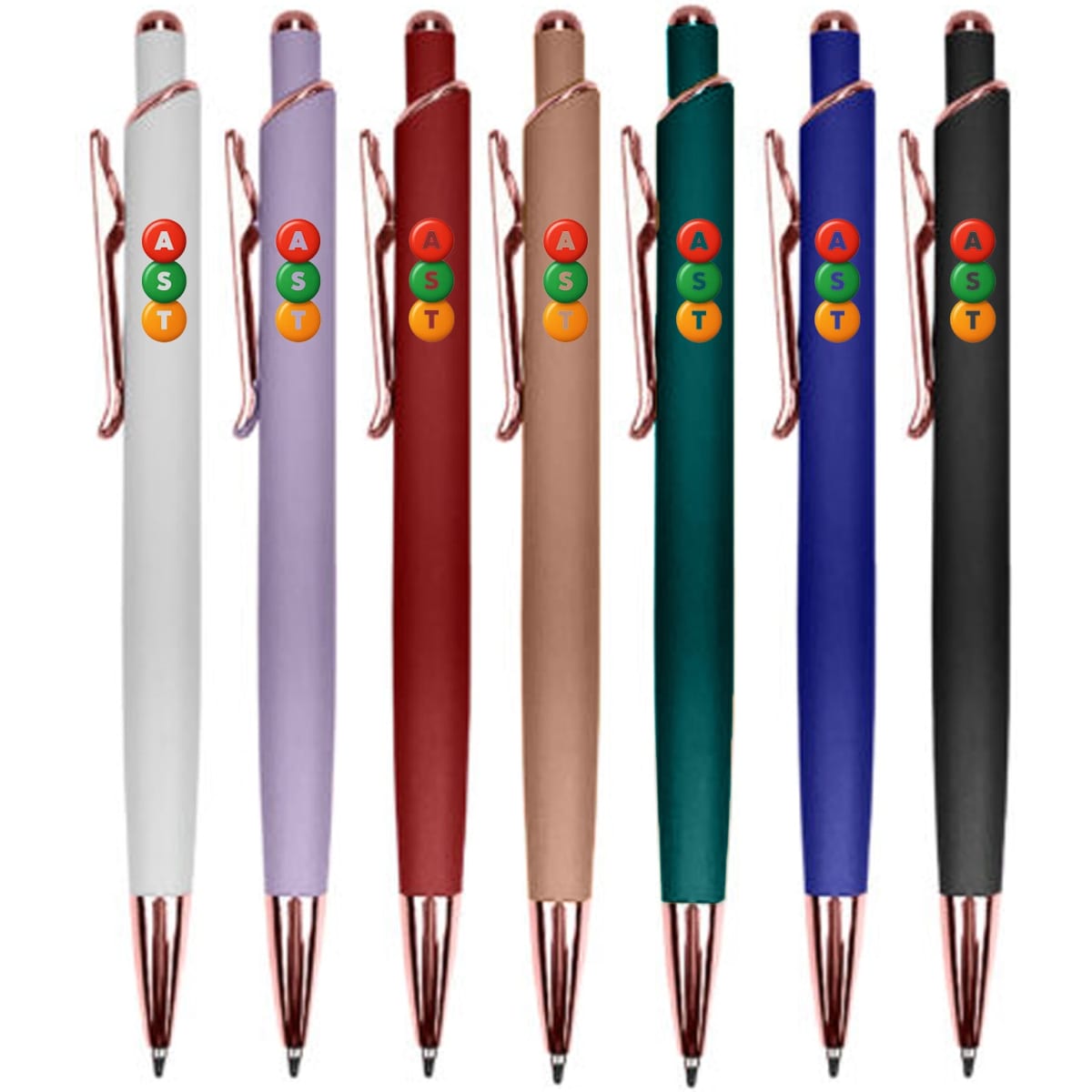 A collection of eight metal pens in white, lavender, red, rose gold, navy, green, black, and dark blue, featuring a logo.
