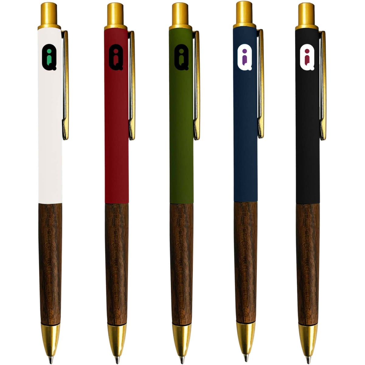 A collection of five Zavier metal pens in white, red, green, navy, and black, featuring wooden accents and a logo.