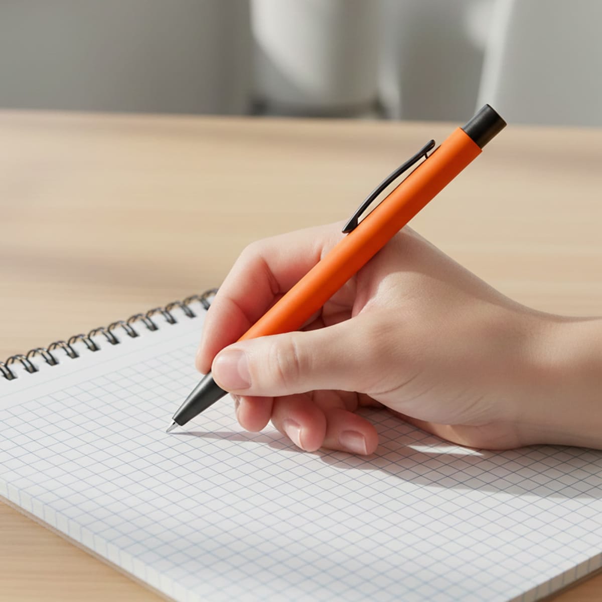 An orange metal pen held over a spiral-bound notepad with grid paper. The hand is positioned for writing.