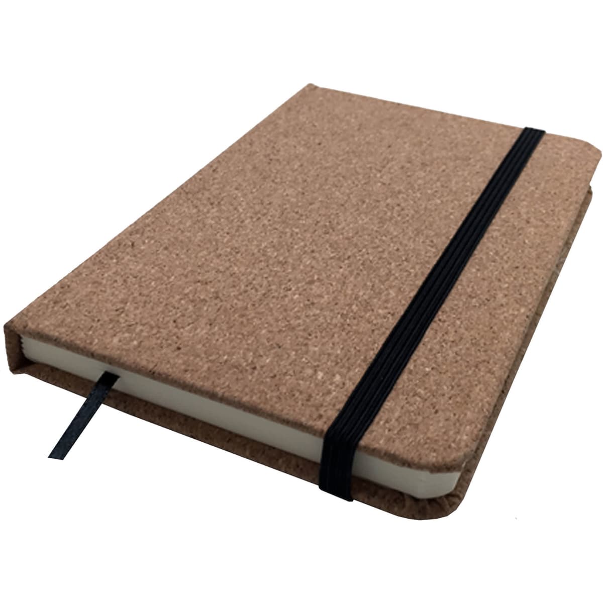 A6 cork soft wood notebook with a natural cork cover and an elastic band closure, featuring a black spine.