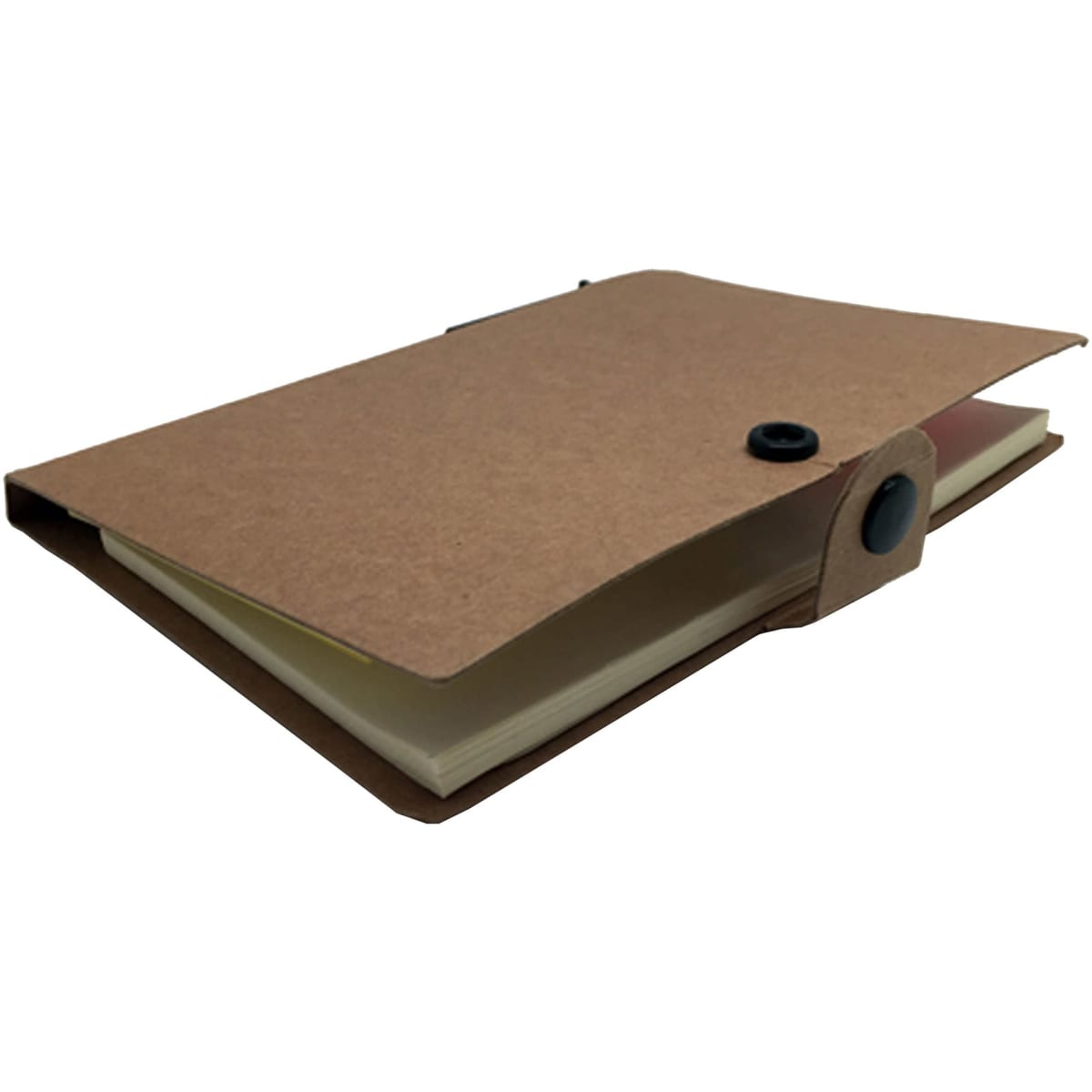 A brown adhesive marker note pad and book with a button closure, featuring a smooth cover and plain pages inside.