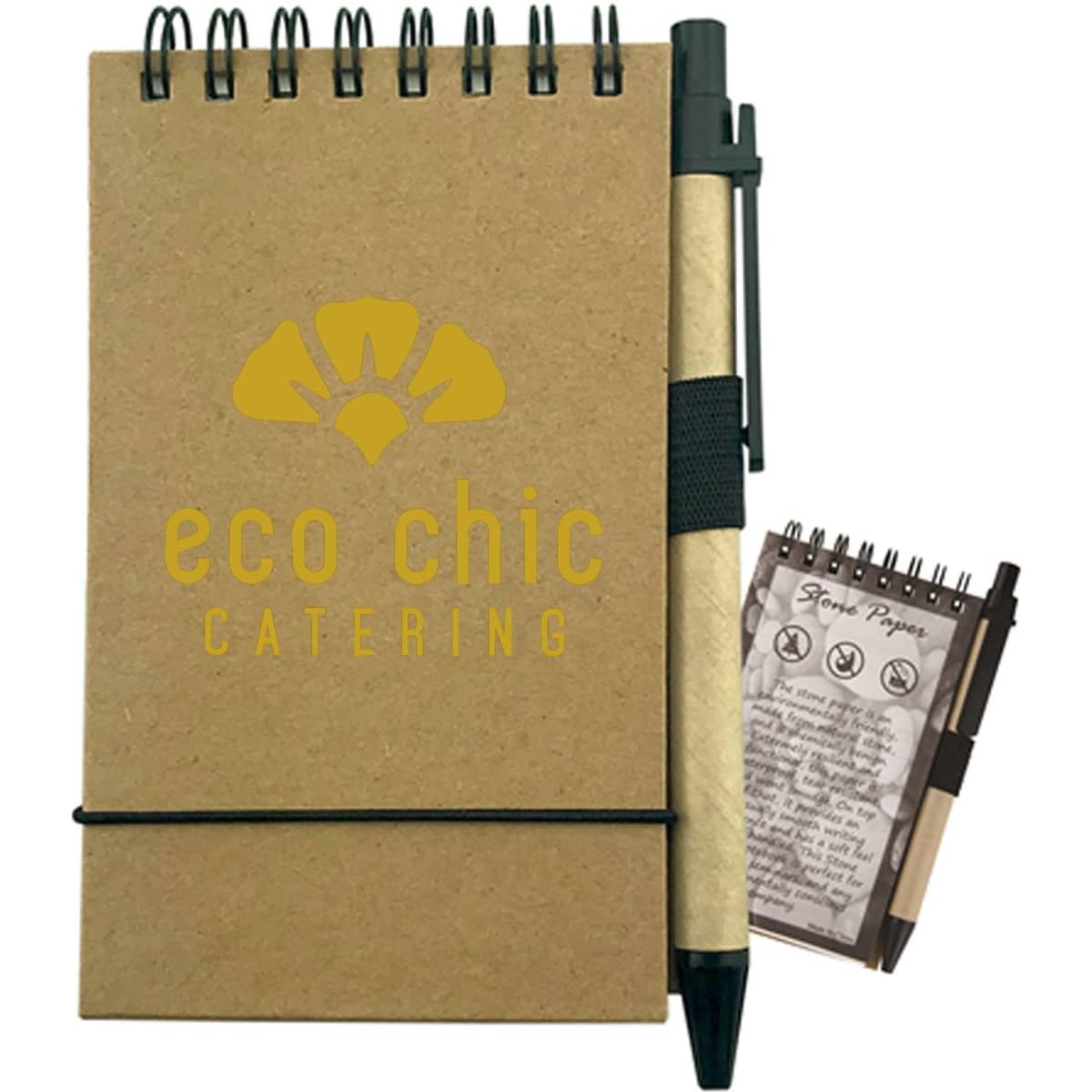 A brown stone paper notebook with a spiral binding, accompanied by a black pen and featuring a small notepad.