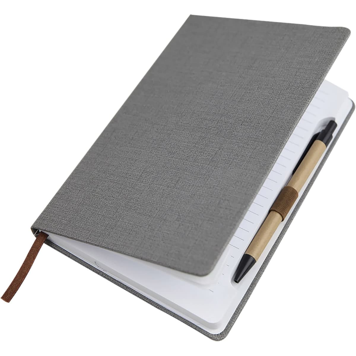 A5 textured grey PU notebook with a strap and a pen lying alongside it. The notebook features lined pages and a logo.
