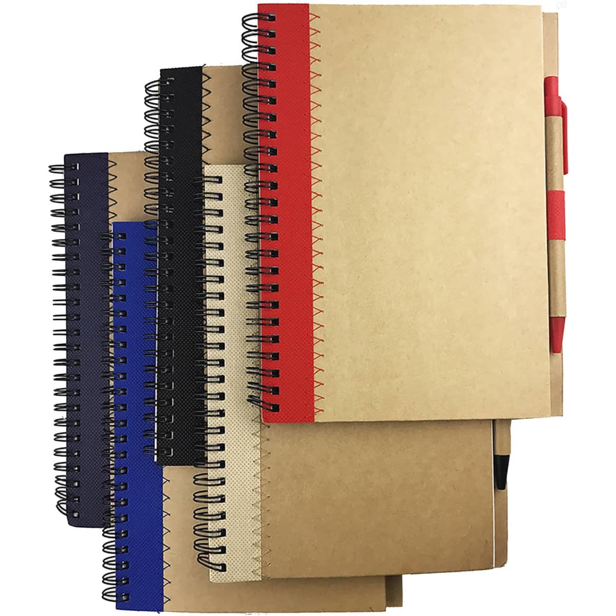 A collection of A5 recycled paper notebooks in various colours including brown, red, black, and blue, with spiral binding.