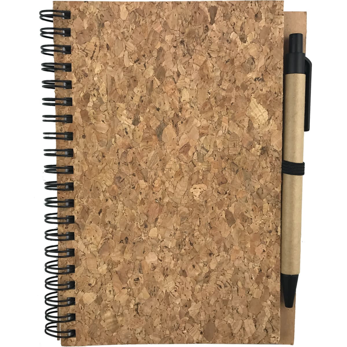A cork notebook with a spiral binding, featuring a natural cork cover and a black pen attached.