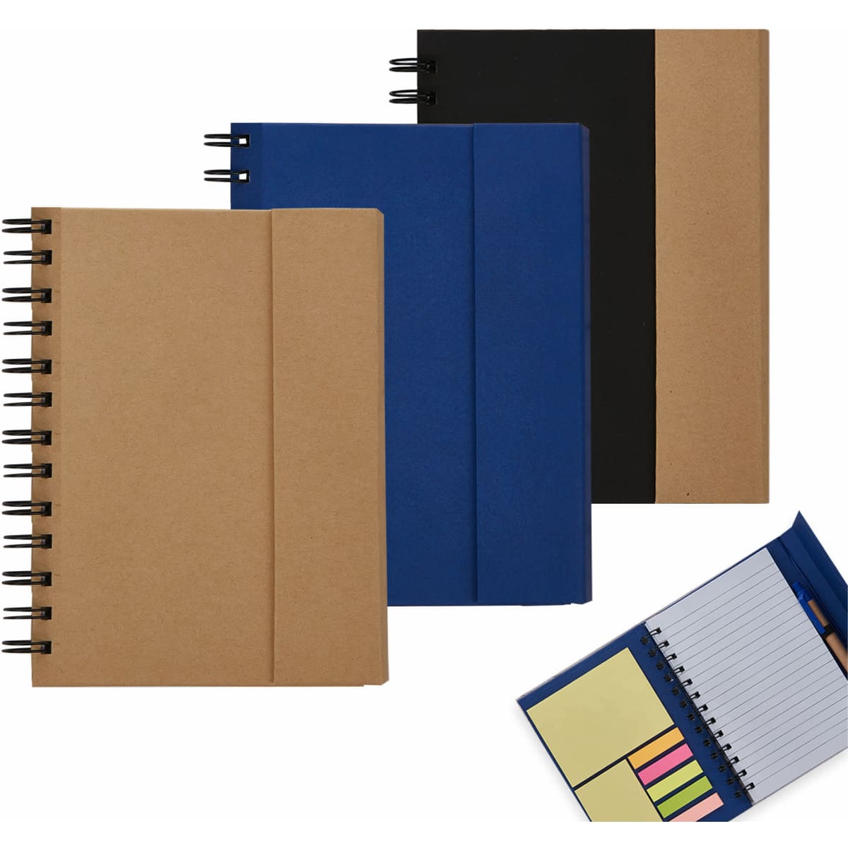 A set of three notebooks in brown, black, and blue, featuring spiral bindings and side pockets for sticky notes.
