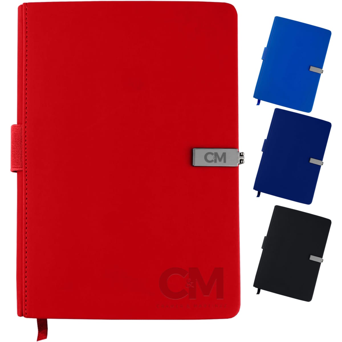 A red notebook with a clasp closure and a logo on the front, displayed alongside blue and black versions.