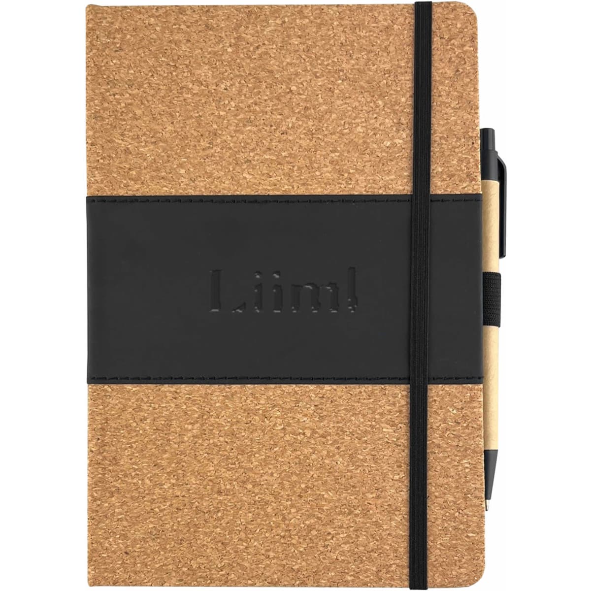 A cork notebook with a black elastic band and a pen attached, featuring a logo on the front.
