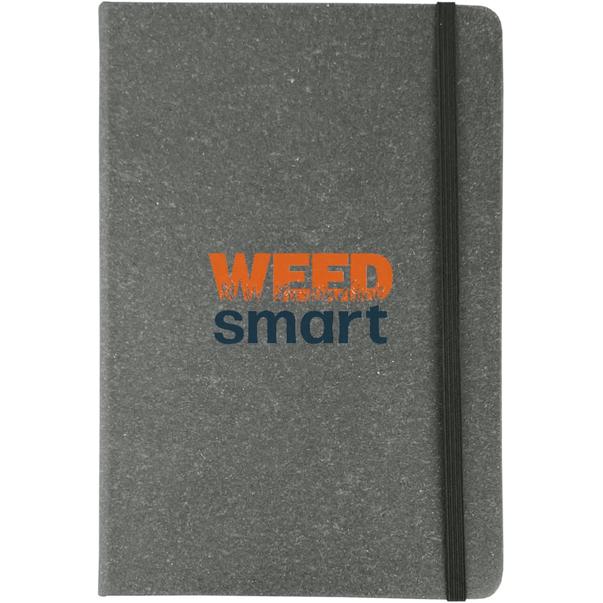 A grey notebook with a black elastic band and a logo in orange and blue. Ideal for office and business use.