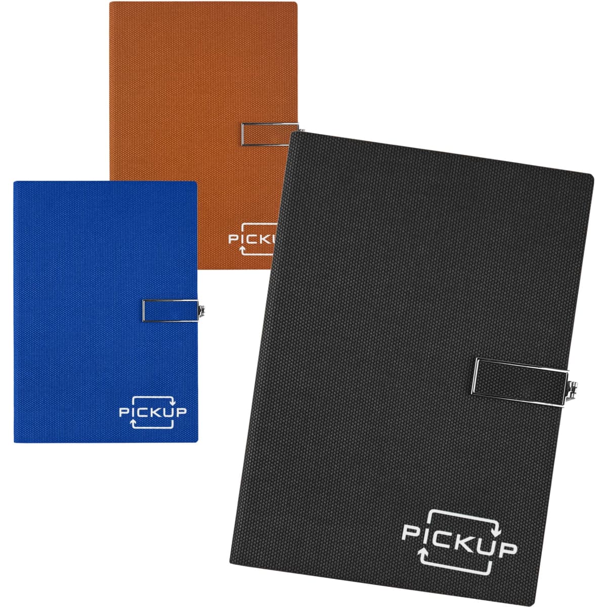 Three notebooks in orange, blue, and black, each featuring a logo on the cover.