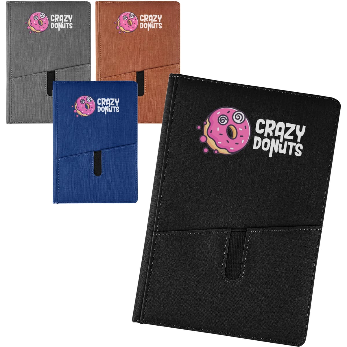 A set of notebooks in grey, brown, blue, and black, featuring a logo on the front cover.