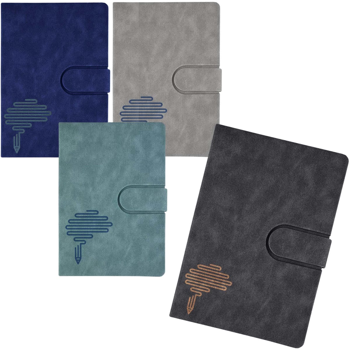 A set of four Rewiz Notebooks in navy, grey, teal, and black, each with a logo and a clasp closure.