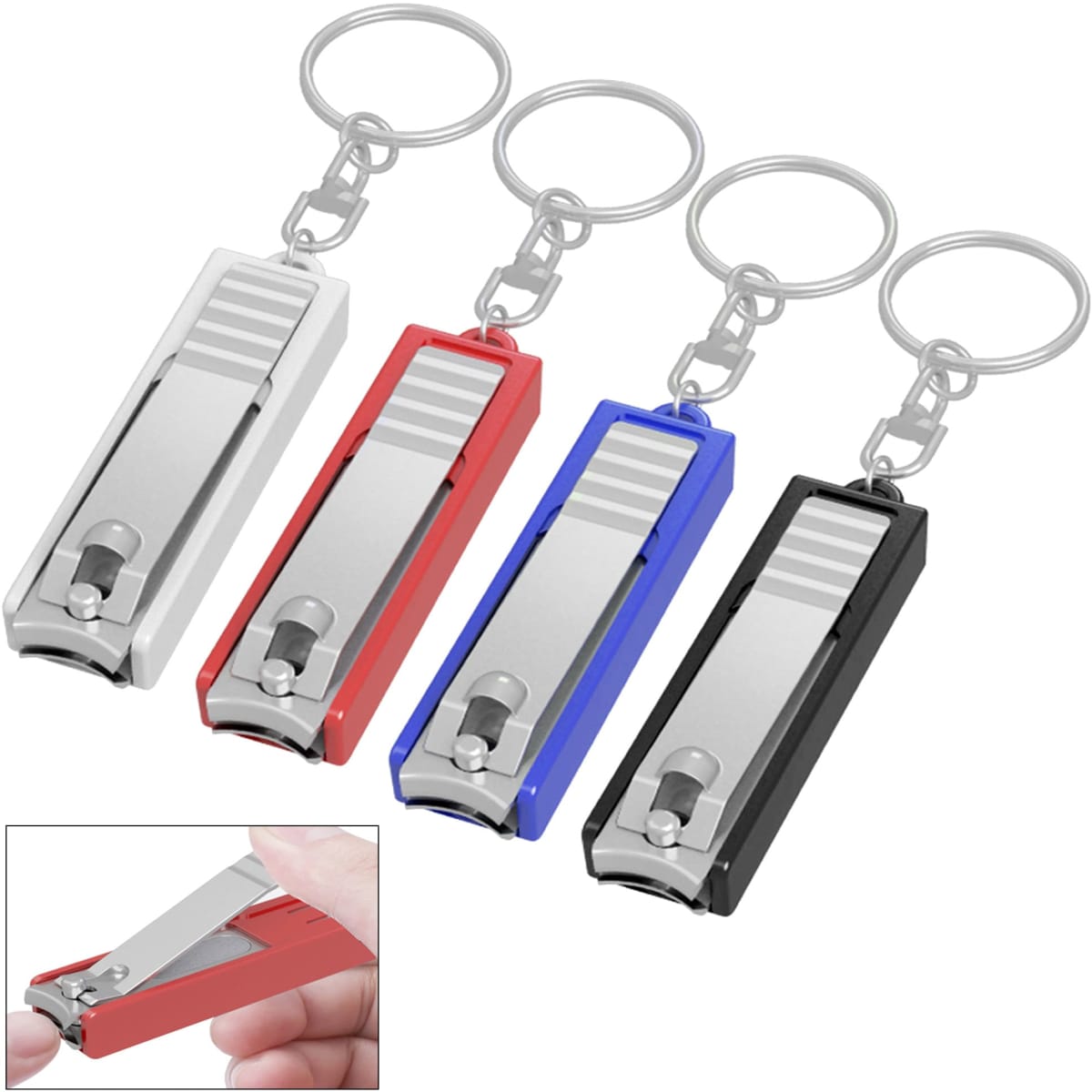 A set of four nail clippers on key rings in silver, red, blue, and black, featuring a metallic finish and logo.