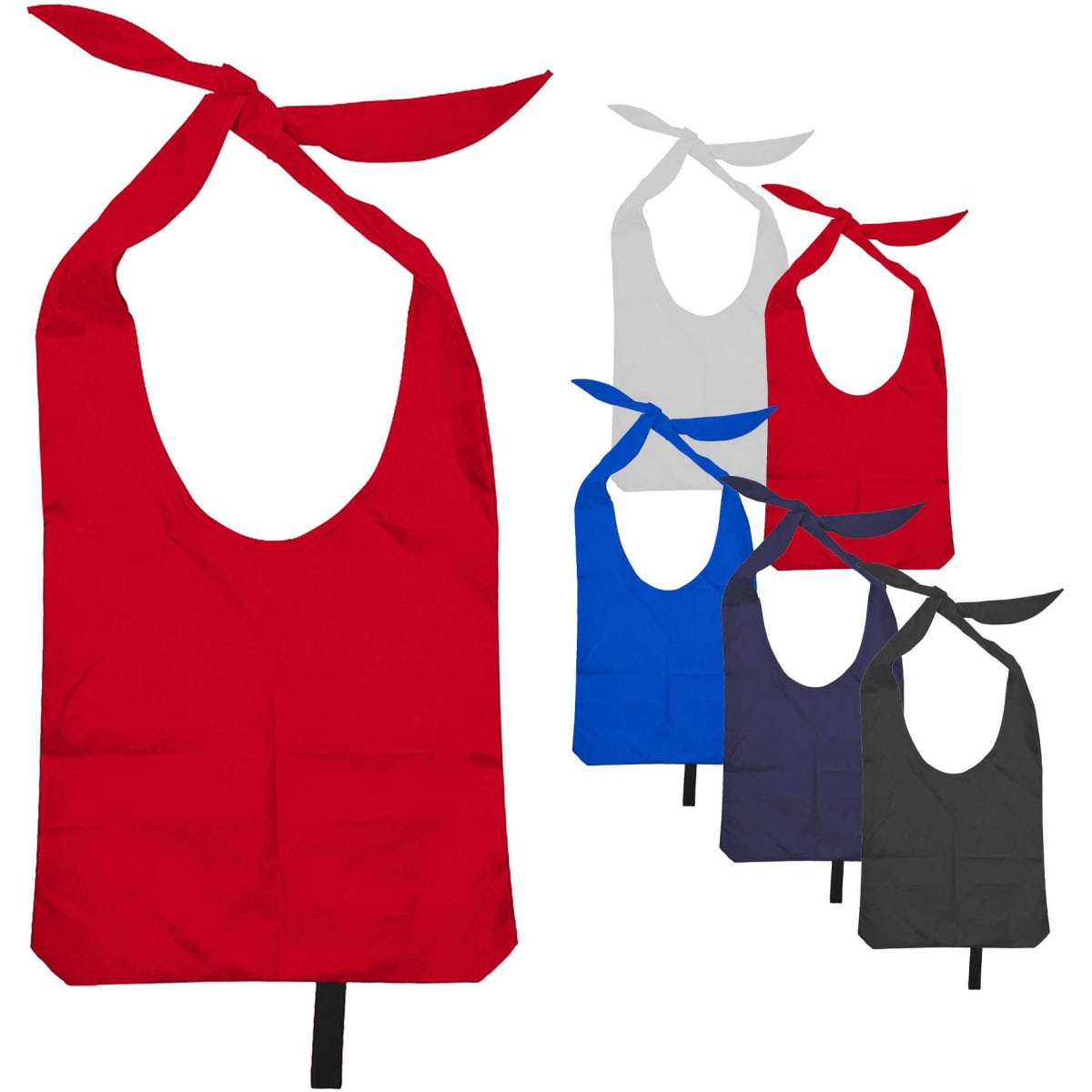 A collection of nylon sling bags in red, blue, grey, black, and navy, featuring open handles and branding.