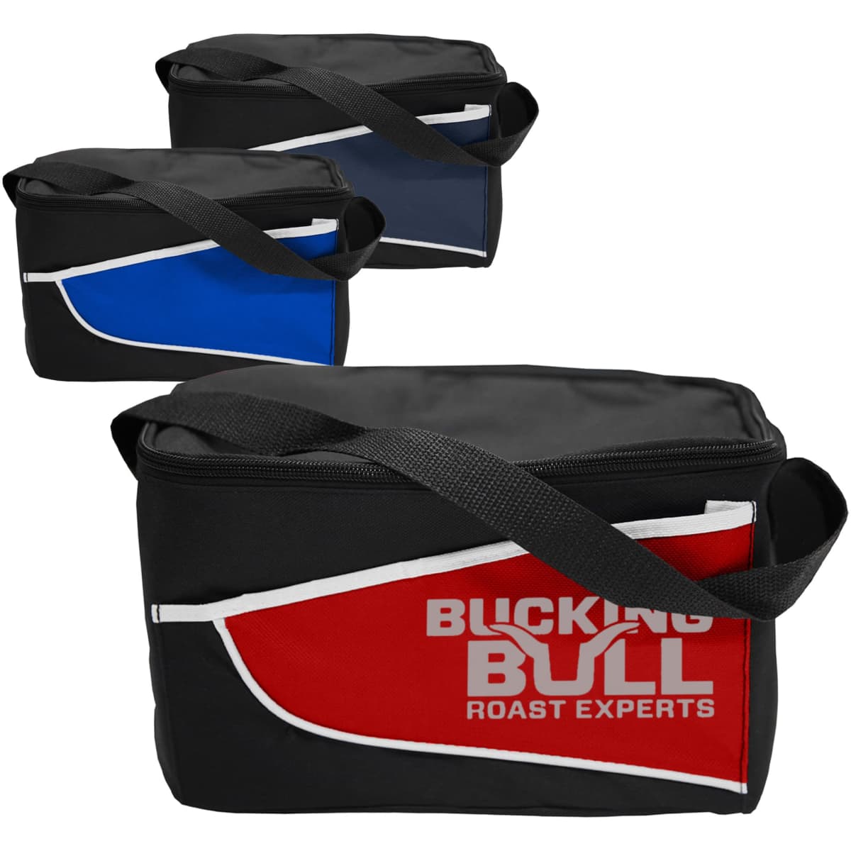A set of three nylon cooler bags in black, blue, and red, each featuring a logo on one side.