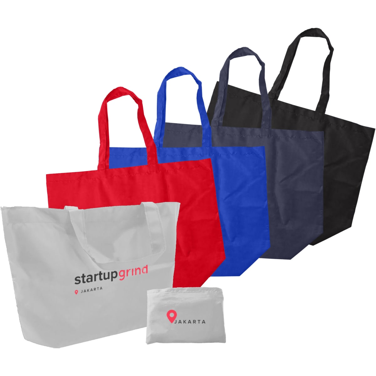 A set of foldaway shopping bags in red, blue, black, and white, featuring varying designs and one with a logo.