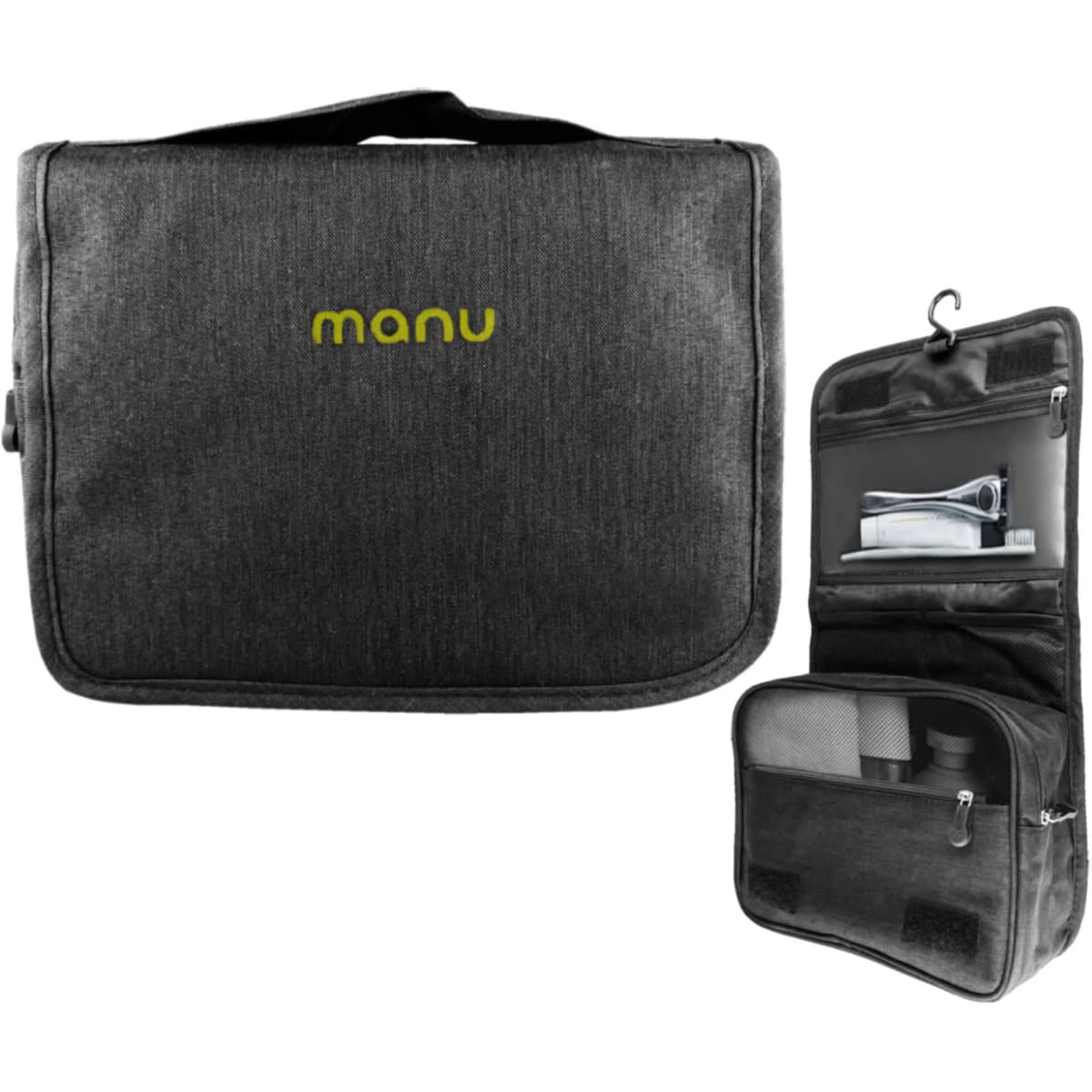 A black toiletry bag featuring a carry handle, with a zippered compartment and clear pockets inside. It has a logo.