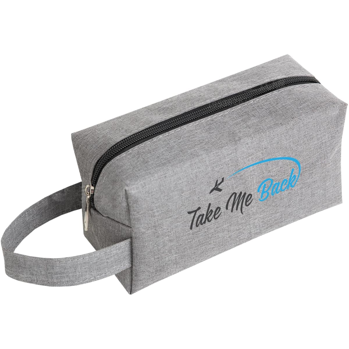 A grey cosmetic bag with a zip closure and a handle, featuring a logo on the front.