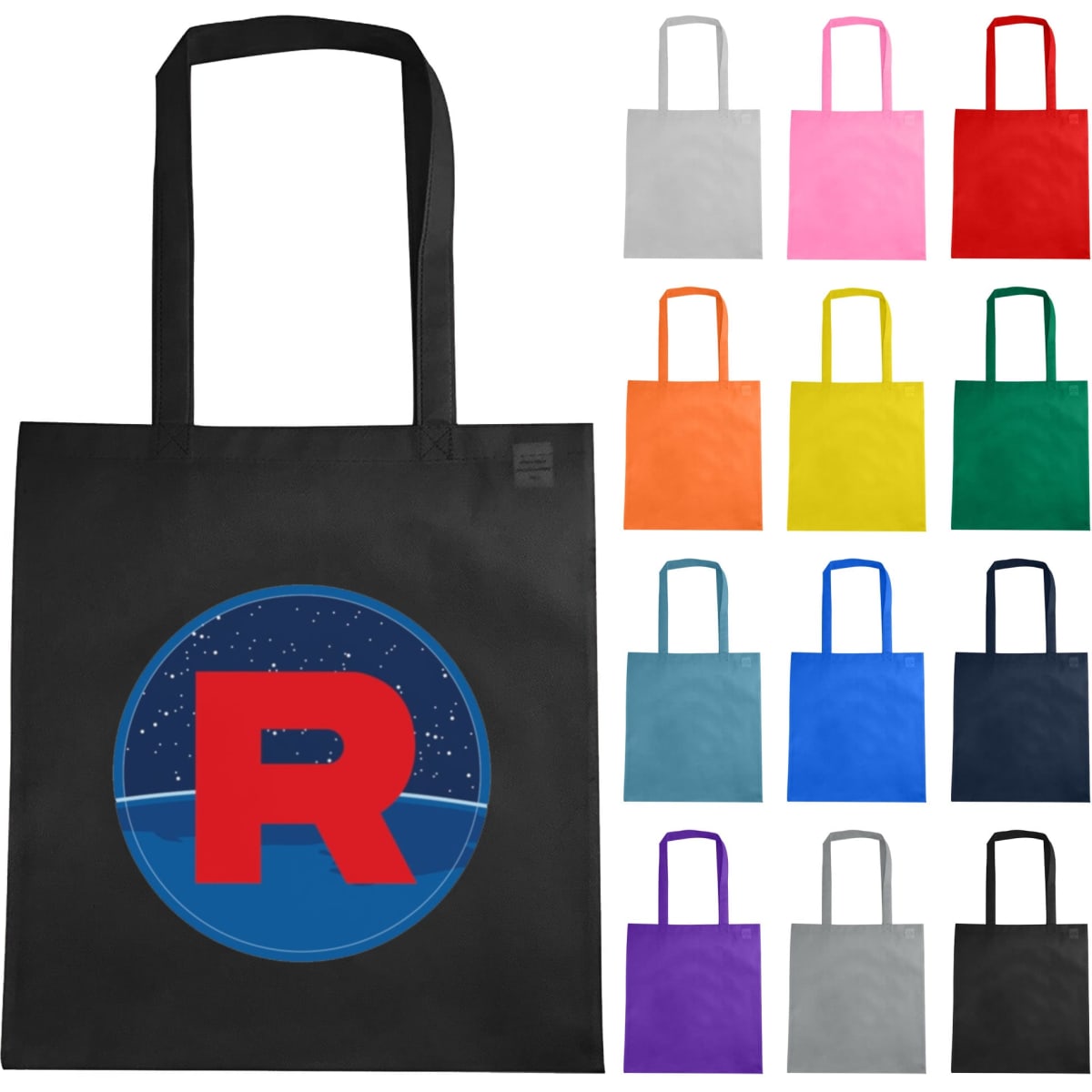 A black non-woven reusable grocery bag with a circular logo featuring a red "R," surrounded by various coloured bags.