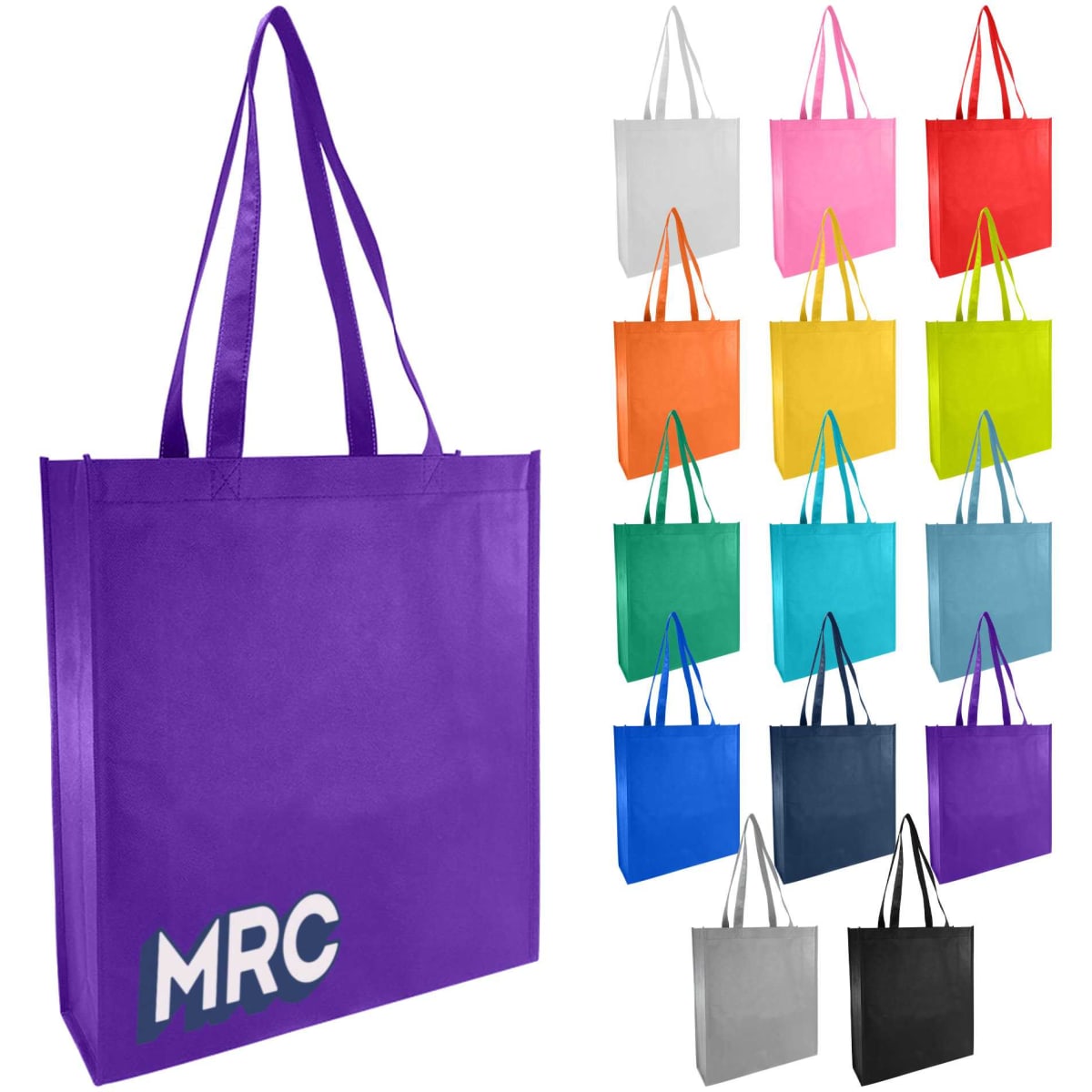 A large purple non-woven bag with handles, surrounded by various colour options. The bag features a logo.