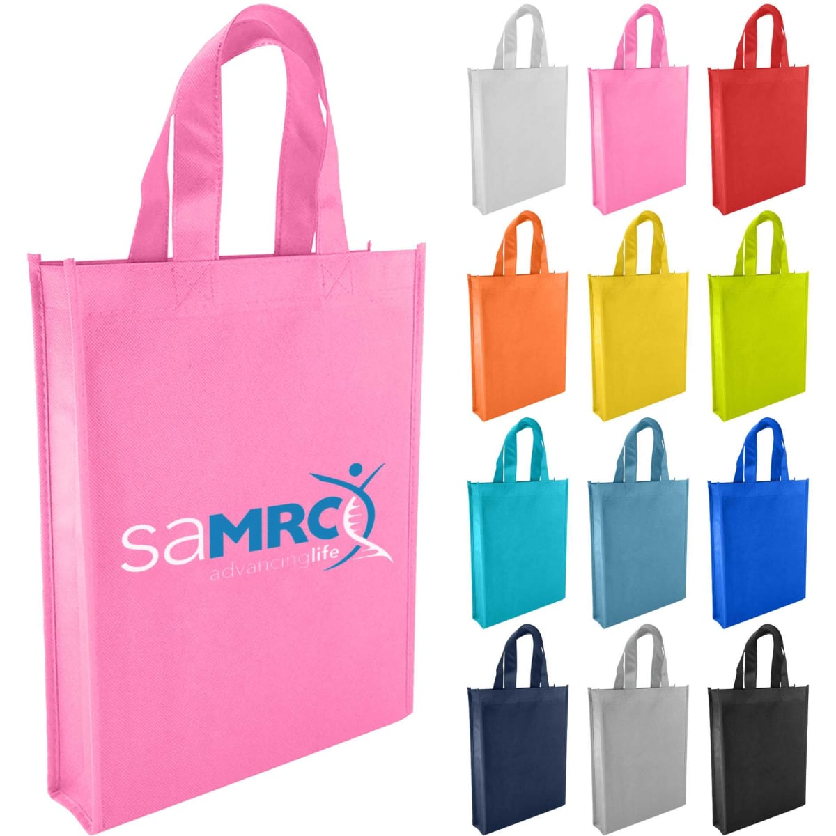A pink non-woven tote bag with two sturdy handles and a logo, alongside various other coloured tote bags.