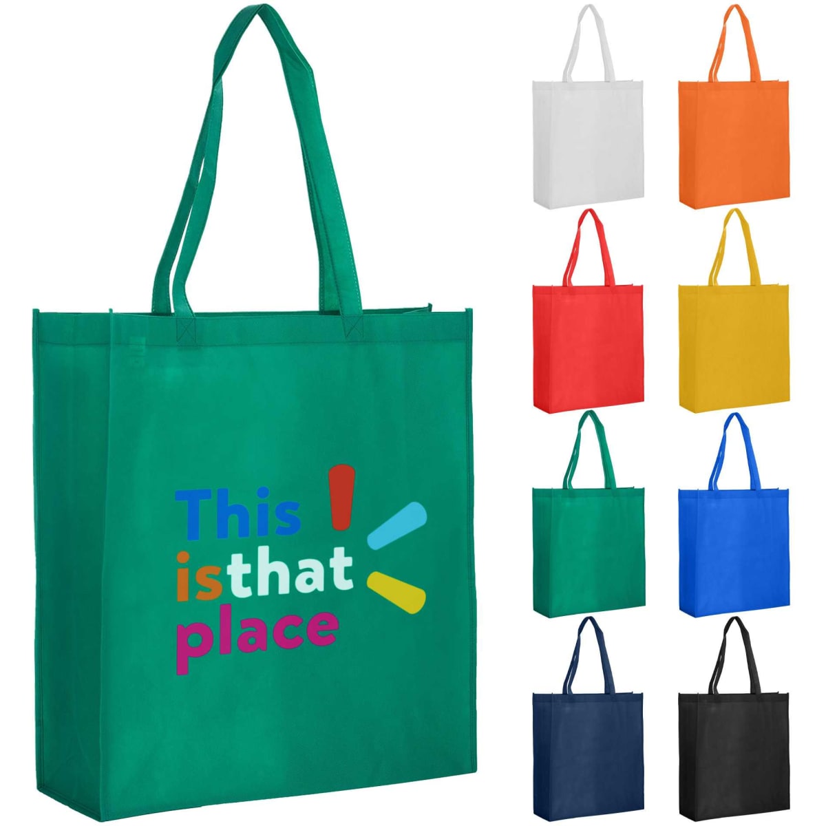 A large reusable grocery bag in green with handles, featuring a logo and available in various other colours.