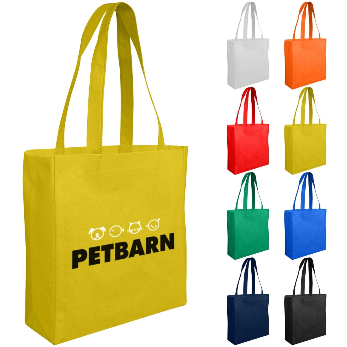 A yellow reusable grocery bag with two handles and a logo, alongside nine other bags in various colours.